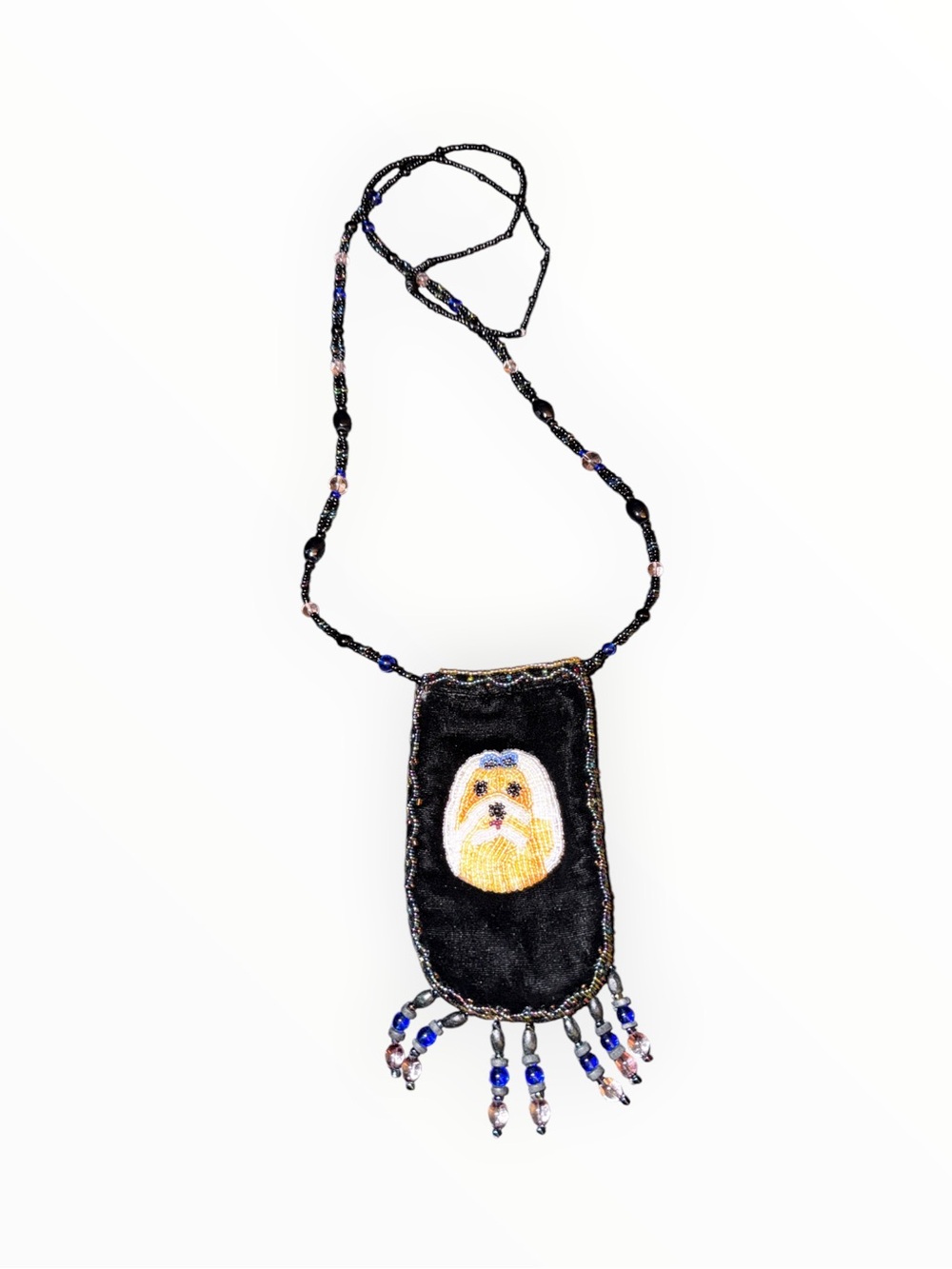 Vintage Handmade Beaded Velvet Dog Portrait Amulet Pouch Necklace